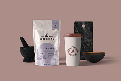 Boat Brews Coffee Powder & Coffee Cup Packaging Design beverage packaging brand identity fb branding coffee cup design coffee design coffee packaging coffee powder pouch design fb fb packaging graphic design logo design packaging packaging design pouch design purple package visual identity