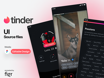 Tinder Mobile UI (Recreated) android dark dating dating app design figma illustration ios kit love match meet mobile app online online dating social swipe tinder ui ui ux