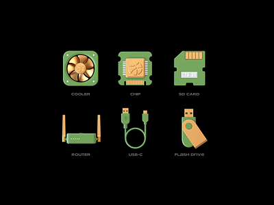 Technical icon set 3d chip cooler dribbble drive flash icon illustration memory card modeling render router set usb web
