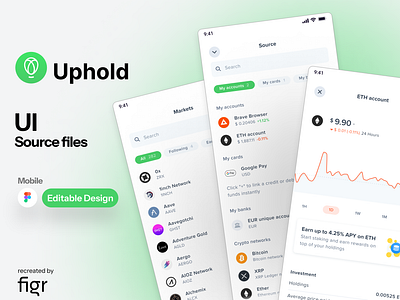 Uphold Mobile UI (Recreated) android bitcoin charts crypto crypto currency crypto exchange design figma finance fintech fintech app illustration ios kit mobile app money transfer ui ux uphold wallet web3