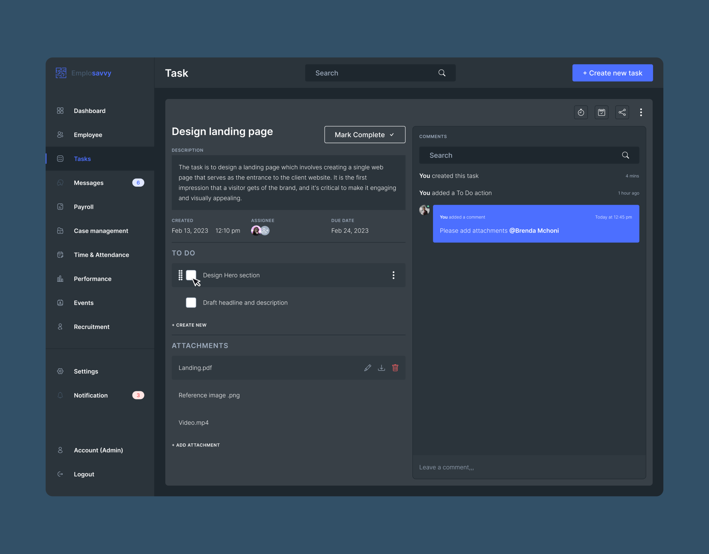 Emplosavvy task details (Dark mode) dashboard figma hr solution ui ux
