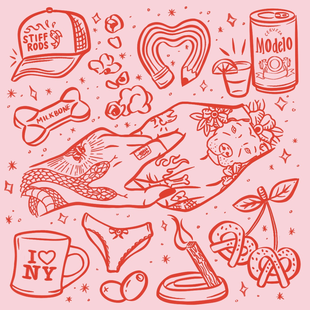 Lover Boy beer cherries doodles hand drawn handdrawn hands holding hands illustration love manifestation mug new york pattern pink red romance sexy tattoo art tattoos trucker hat