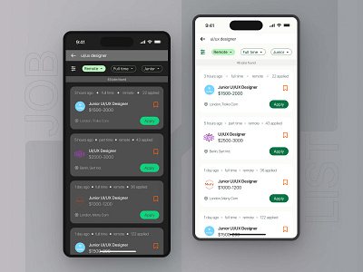 Job Listing #Daily UI 050 050 app challenge daily dailyui dark mode hiring job app job finder job listing job search light mode listing mobile mobile app recroitment