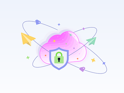 Data Protection Illustration 2d agency ai business cloud data diamond ecommerce gradient illustration lock particles pink plane protection shield star vector verification web