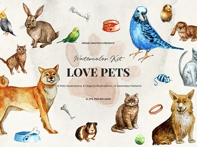 Lovely Pets Watercolor Illustrations Kit animals birds branding cute cute illustrations design digital design graphic design hand drawn illustration illustrations packaging design pets poster design print design product design textile design watercolor watercolour illustrations webdesign
