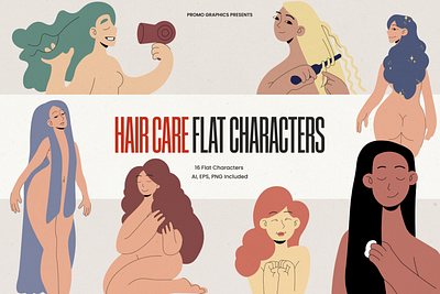 Hair Care Flat Characters branding design digital design female graphic design illustration illustrations packaging design print design product design self care self love social media design textile design ui webdesign women