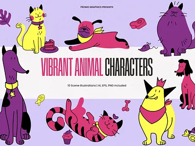 Vibrant Animal Characters animals branding cat creative design cute digital design dog graphic design illustration illustrations packaging design pets poster design print design product design social media design textile design vibrant webdesign