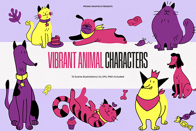 Vibrant Animal Characters animals branding cat creative design cute digital design dog graphic design illustration illustrations packaging design pets poster design print design product design social media design textile design vibrant webdesign