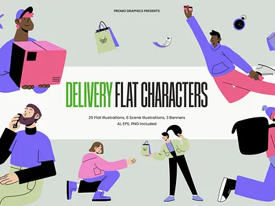 Delivery Flat Characters branding characters delivery design digital design flat flat characters flat design flat illustrations graphic design illustration illustrations mockup design packaging design people poster design print design product design textile design webdesign