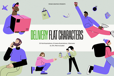 Delivery Flat Characters branding characters delivery design digital design flat flat characters flat design flat illustrations graphic design illustration illustrations mockup design packaging design people poster design print design product design textile design webdesign