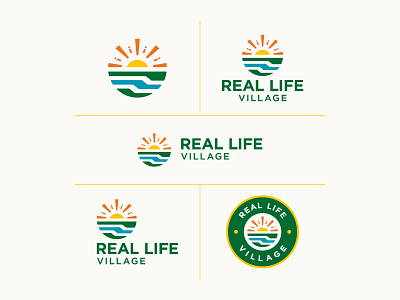 Real Life Village badge branding identity institution logo nonprofit people river sun