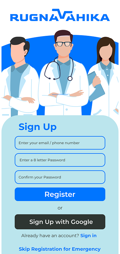 Rugnavahika App app design blue branding graphic design health app health ux healthcare healthcare app healthtech illustration logo medical medical app medical technology medical ui telemedicine ui ui design user interface vector