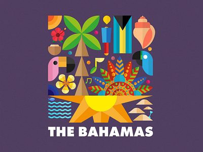 The Bahamas Illustration Poster bahamas bahamian designer conch shell design flag flamingo flower graphic design hibiscus illustration junkanoo music palm tree parrot poster sand sun the bahamas water yellow elder