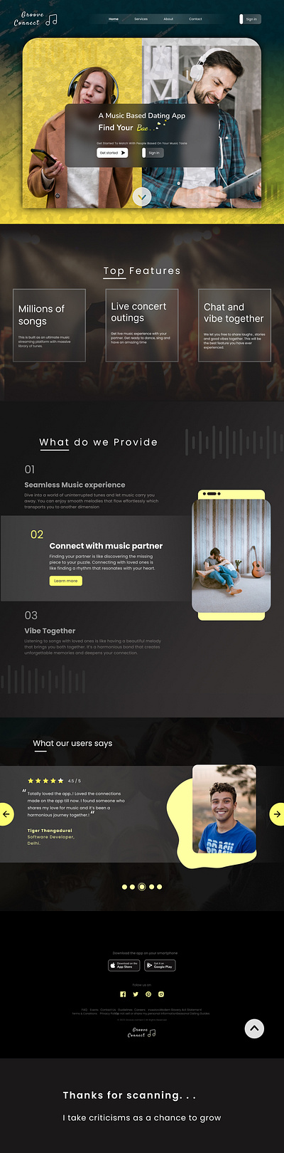 Landing page of a music based dating app branding dailyuichallenge design landing signup typography ui ux