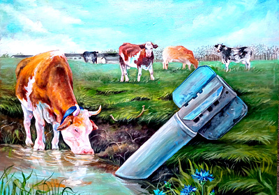 Original acrylic painting Ukraine, Cows and Ukrainian nature art cow hand painted paint painting ukraine war war and animals