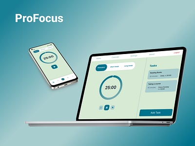 ProFocus Web-App app break countdown design focus pomodoro profocus study tasks time timer ui ux webapp website