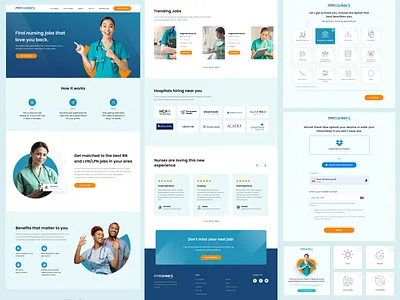 Nursing Job Portal Landing Page, UI UX, SaaS Web App Design app design clean design custom artwork custom layout dashboard home page design jobportal landing page lead generation nursing saas saas app sass web app ui ux web design webapp webdesign wireframe wordpress