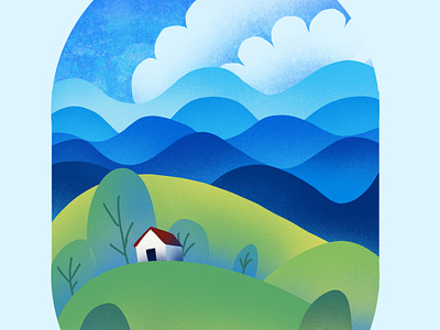 Landscape Mountain Illustration blue sky cloud home illustration landscape illustration mountain trees village
