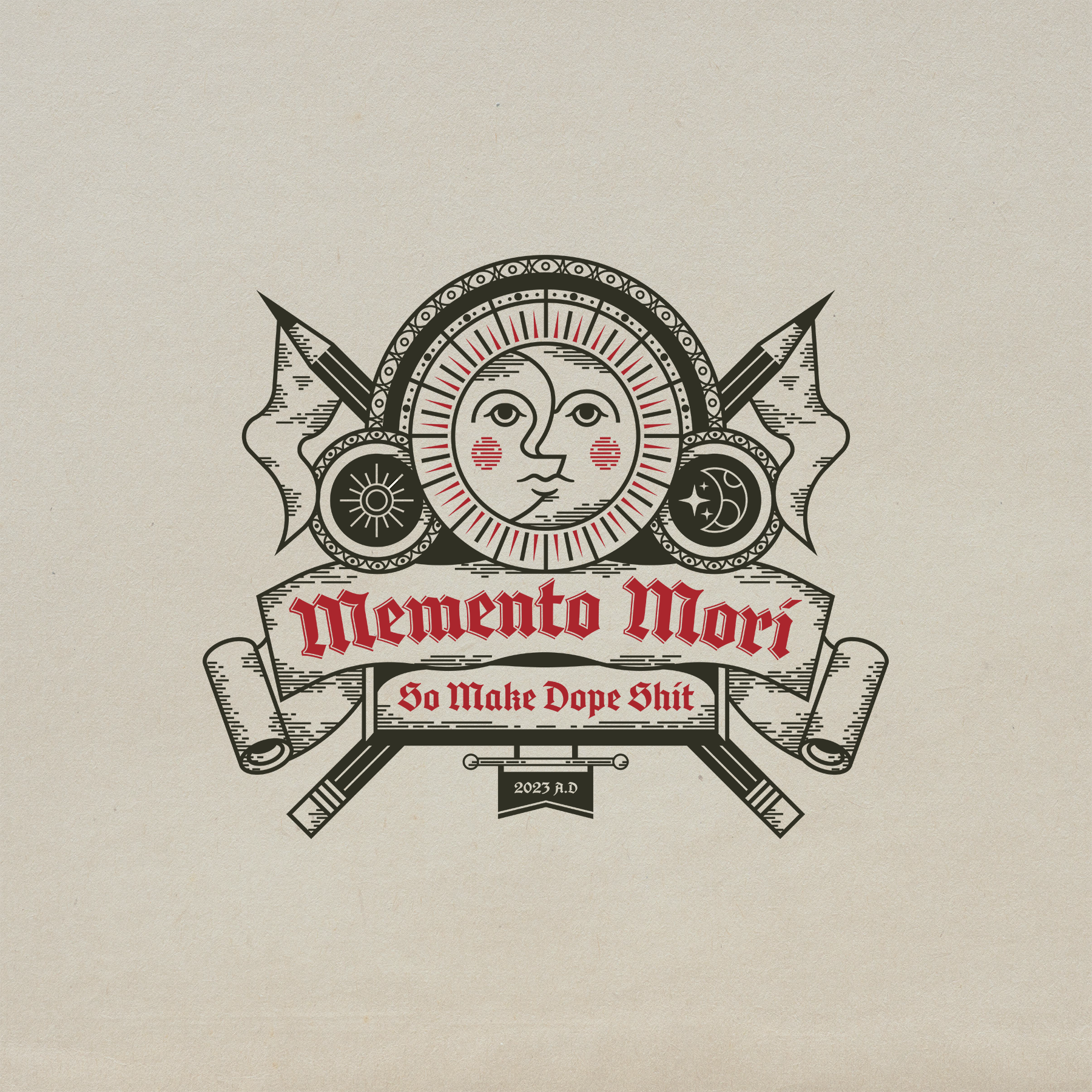 Memento Mori badge blackletter design hatching illustration logo medieval moon red sun typography