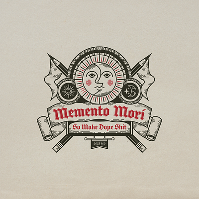 Memento Mori badge blackletter design hatching illustration logo medieval moon red sun typography