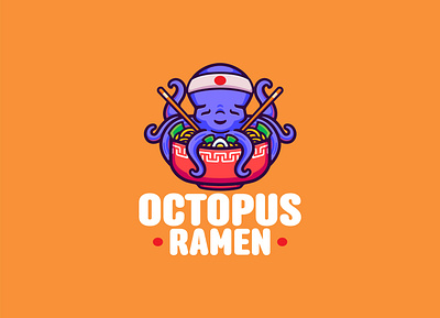 Ramen Octopus Cartoon Mascot Logo Design bowl branding cartoon character chopstick cute delivery design food illustration japan logo lunch mascot noodle octopus pasta ramen restaurant vector