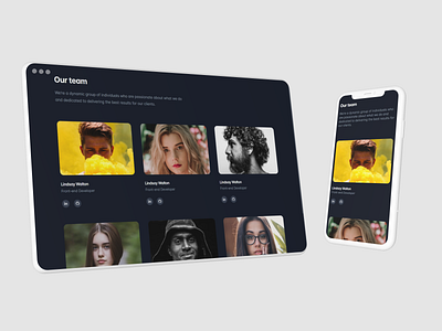 Team section with large images on dark mode bootstrap css html mobile resonsive ui
