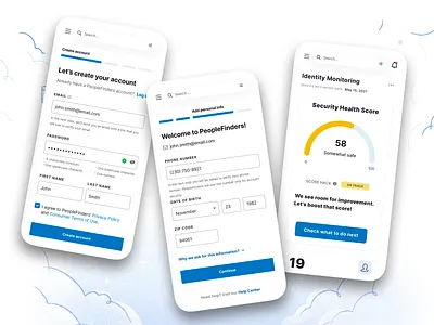 PeopleFinders — Identity Monitoring V dashboard data visualization design exploration forms gauge chart get started interaction design minimalist design mobile app onboarding product design responsive search bar sign up ui ux visual exploration web app