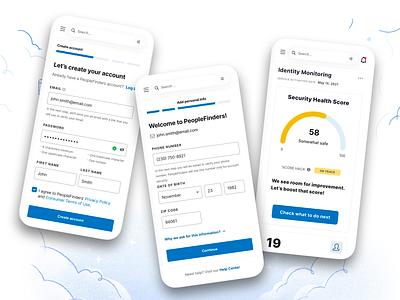 PeopleFinders — Identity Monitoring V dashboard data visualization design exploration forms gauge chart get started interaction design minimalist design mobile app onboarding product design responsive search bar sign up ui ux visual exploration web app