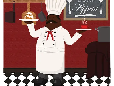 Black Fat Chef african black cafe cartoon character checkers chef coffee cook food french human illustration man old fashioned pastries poses print red vintage