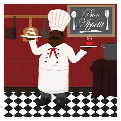 Black Fat Chef african black cafe cartoon character checkers chef coffee cook food french human illustration man old fashioned pastries poses print red vintage