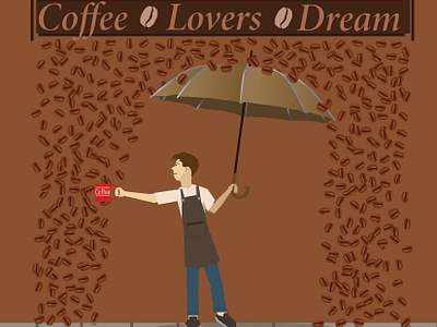 Coffee Lovers Dream apron barista brown cafe chill coffee coffee beans digital art dream drink inspirational love man morning print rain raining food relaxing umbrella vector