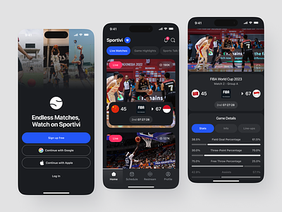 Sportivi - Sport Streaming Application app application basketball clean dark design enjoy fun mobile mobile app sport stream streaming ui watch