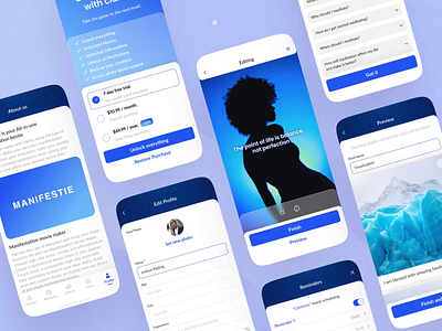 Manifestie app. Where dreams materialize affirmation app bright card create dark feed future gradient layout logo medicine meditation mind mobile mode profile redesign ui ux