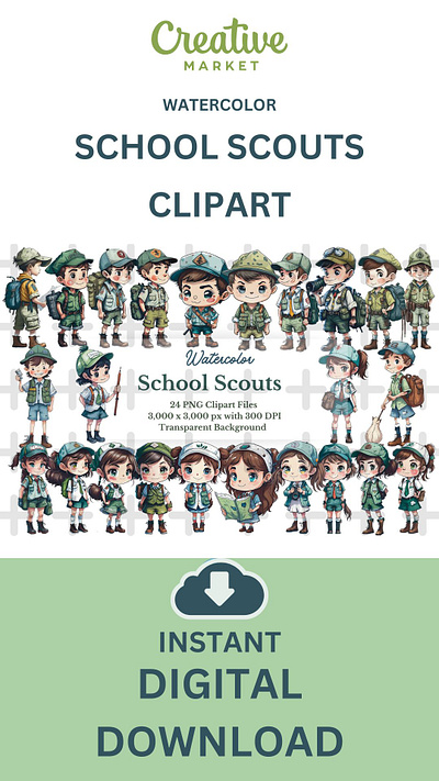 24 PNG WATERCOLOR SCHOOL BOY & GIRL SCOUTS GRAPHICS / CLIPARTS back to school boy scout girlguide kids acitvity kids learning school school activity school scout scout teaching teaching material watercolor