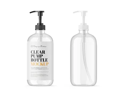 Clear Pump Bottle - PSD Mockup 3d blender 3d clear glass cosmetic dispenser editable health hygiene liquid soap mockup package packaging photoshop product psd pump bottle render smart object soap template