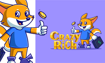 Crazy Rich Logo Mascot animal branding business cartoon character coin cute design dog gold illustration ilustration logo mascot mascot logo money rich website wolf