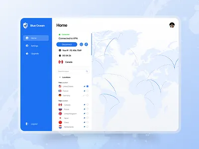 Blue Ocean VPN Dashboard - Home Screen app design blue ocean internet vpn mobile app design ui ui design ui ux user experience user interface ux ux design vpn app vpn app design vpn mobile app vpn website web app