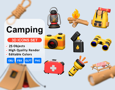 Camping 3D icons✨ camera camp light travel