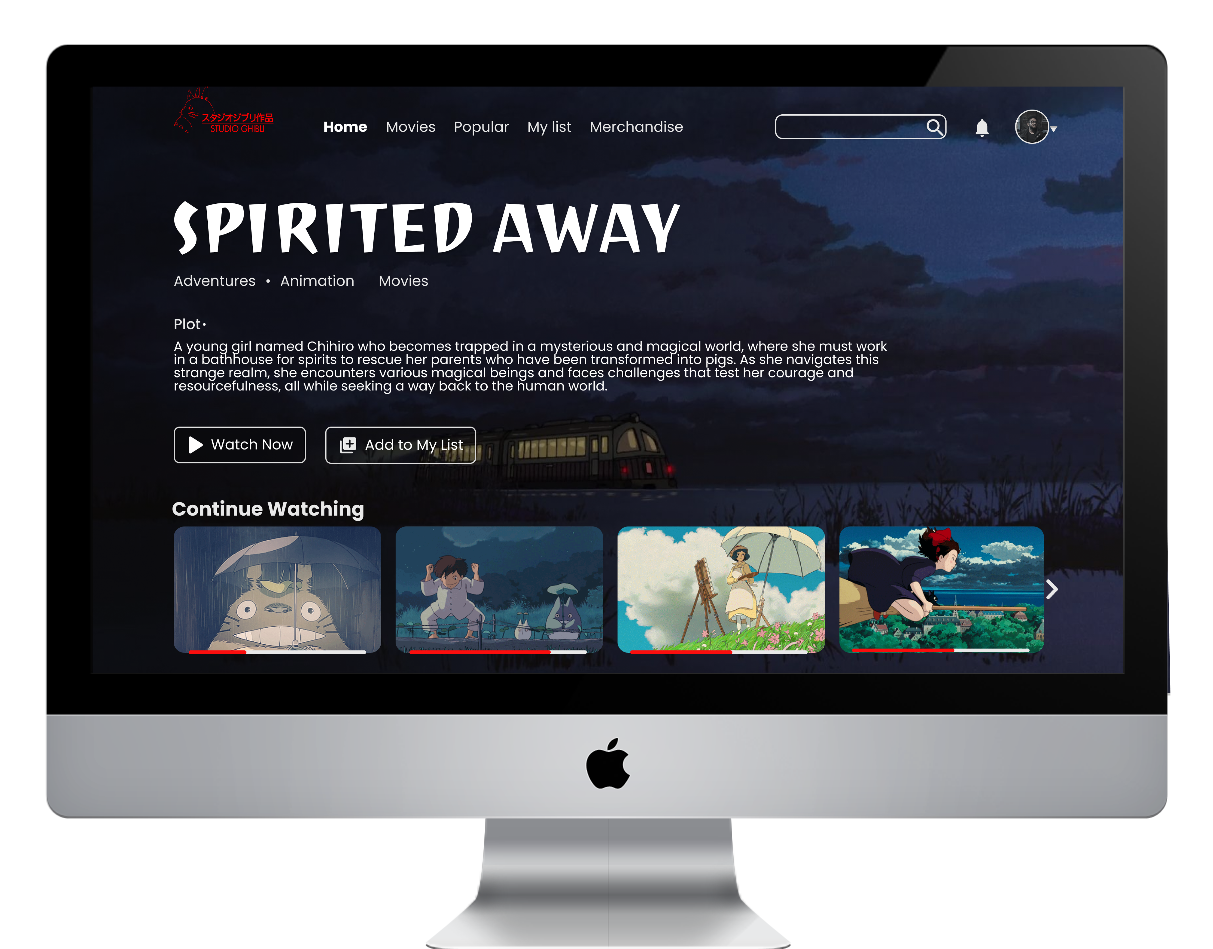 A landing page for Studio Ghibli movie streaming website 3d amazon prime ui design animated ui animation app design ui branding dark theme ui design graphic design landing page design logo motion graphics movie streaming website ui netflix ui design ott ui responsive ui design smart tv ui ui ui ux ui ux design for desktop ux research