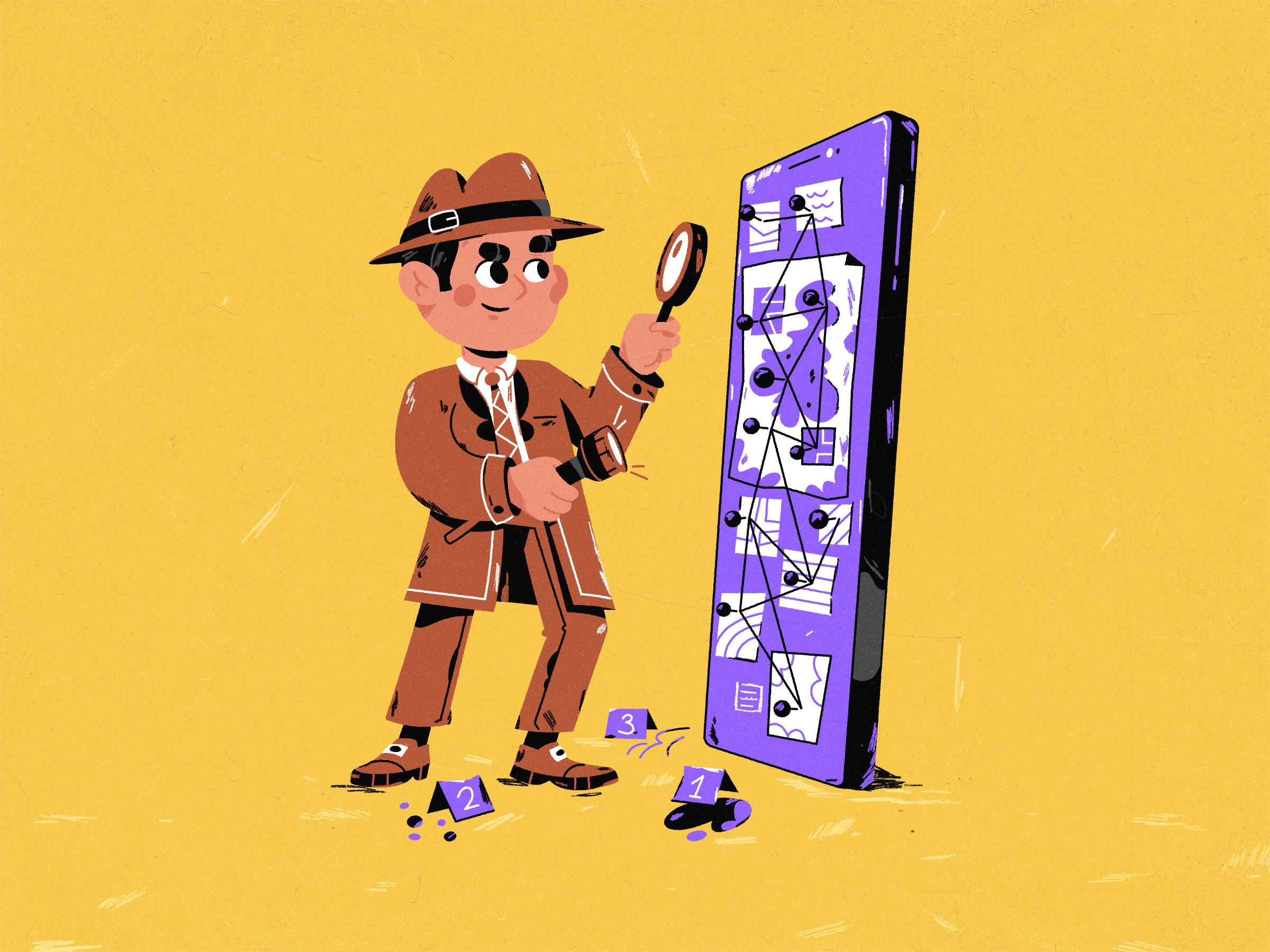 Detective 2d art cartoon character design detective evidence game illustration investigation phone poster vector
