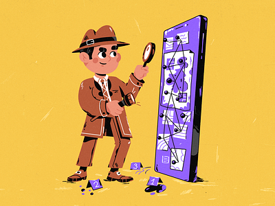 Detective 2d art cartoon character design detective evidence game illustration investigation phone poster vector