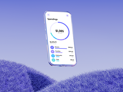 Glass phone | mockup 3d app blender chart dashbaord figma finance glass grass iphone mockup phone spendings ui violet