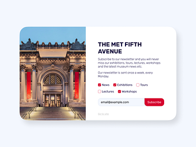 Daily UI 01 - Subscribe to the museum's news card dailyui dailyui 01 dailyuichallenge design met met fifth avenue museum newsletter overlay popup subscribe subscription ui uidesign ux