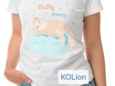 Print with a cute cat on a cloud for a women's T-shirt. Fluffy animal cat cat print cute dreams fluffy fun illustration print sleep t shirt t shirt print womens t shirt