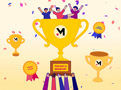 Modicup 2d after effects award branding character character animation character design colorful company confetti cute faux 3d illustration jump medal modicum motion design motion graphics playful trophy