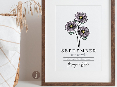 September Birth Flower Prints | Aster aster flower birth flower birthday floral art graphic design illustration september typography