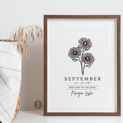September Birth Flower Prints | Aster aster flower birth flower birthday floral art graphic design illustration september typography