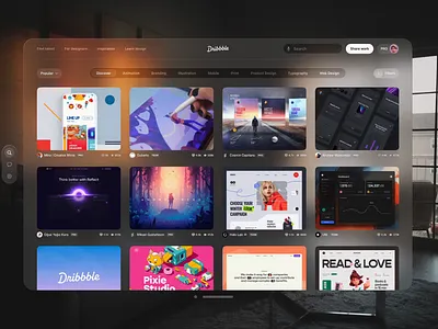Dribbble for Apple Vision Pro (Vision os Guidelines) animation apple design apple vision application ar design clean ui dribbble dribbble concept ui glassmorph glassmorphism ios mac spatial minimalism product design redesign trending virtual reality vision os vision pro visionos