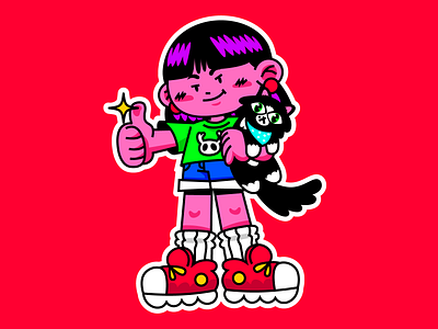 Girl With Cat art arte cartoon cat character cute dribbble girl illustration illustrator ilustração new pink red vector