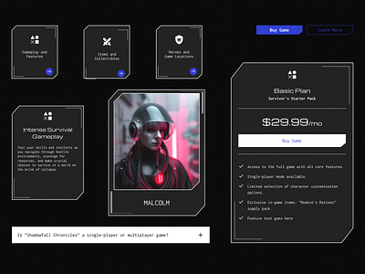 UI Elements, Colors & Typography (Shadowfall Template) ai colors concept design dailyui figma figma design figma template futuristic game landing page game website landing page landing page design template design type typography ui ui card ui design ui elements web design